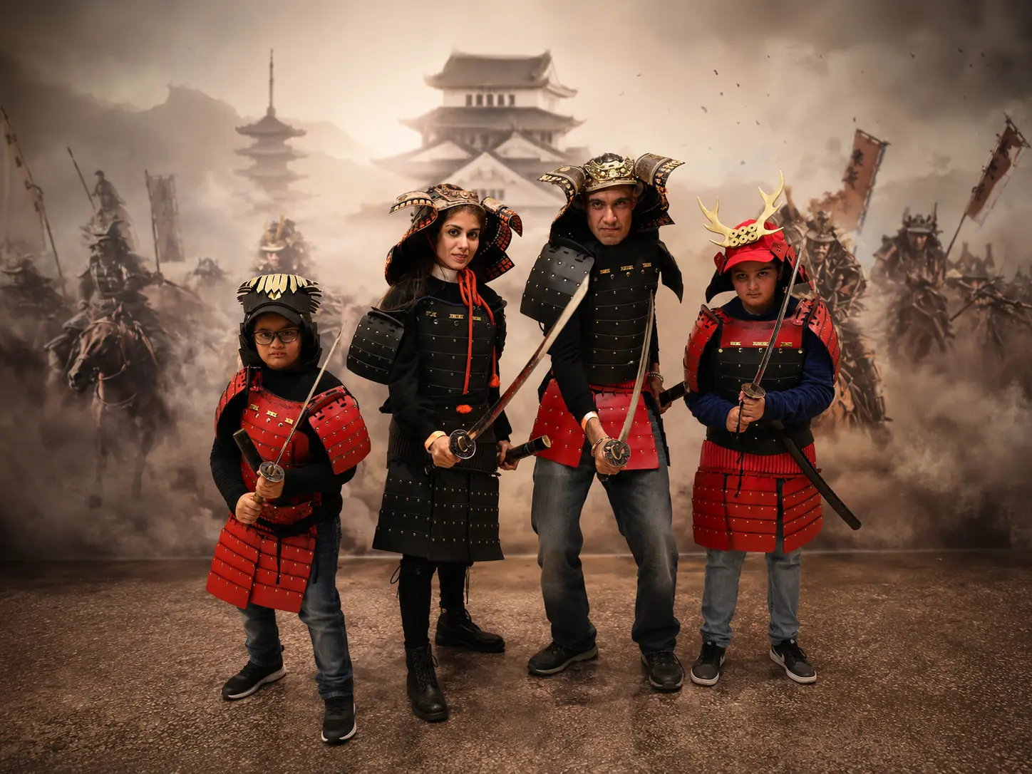 A family wearing samurai armor together in Kyoto