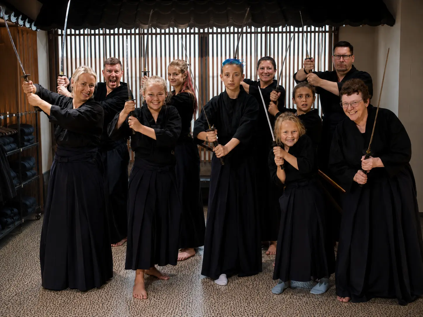 A group finishing their samurai sword experience in Kyoto